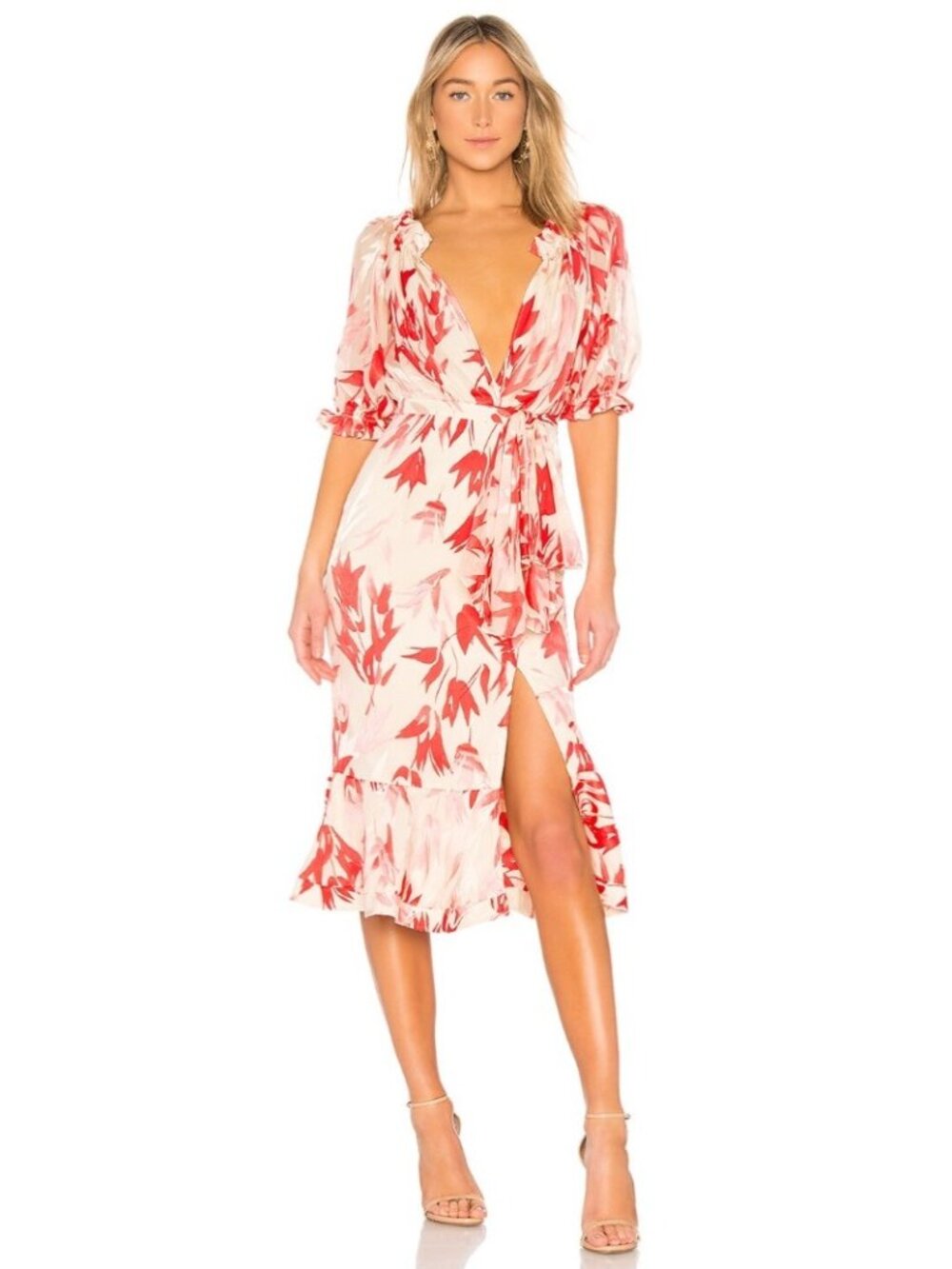 Saloni Olivia Floral Wrap Midi Dress in Rainbow Coral Size 6
